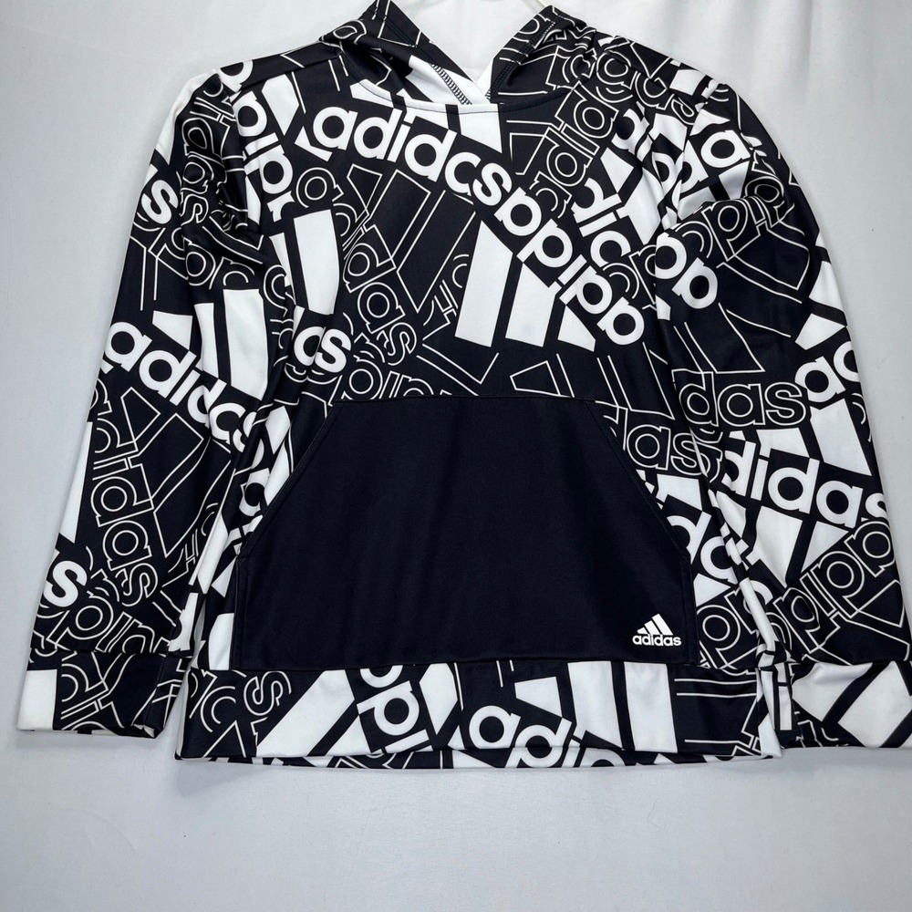 Adidas Hoodie Sweatshirt Kids Size M 10/12 Black White All Over Logo Print Tech